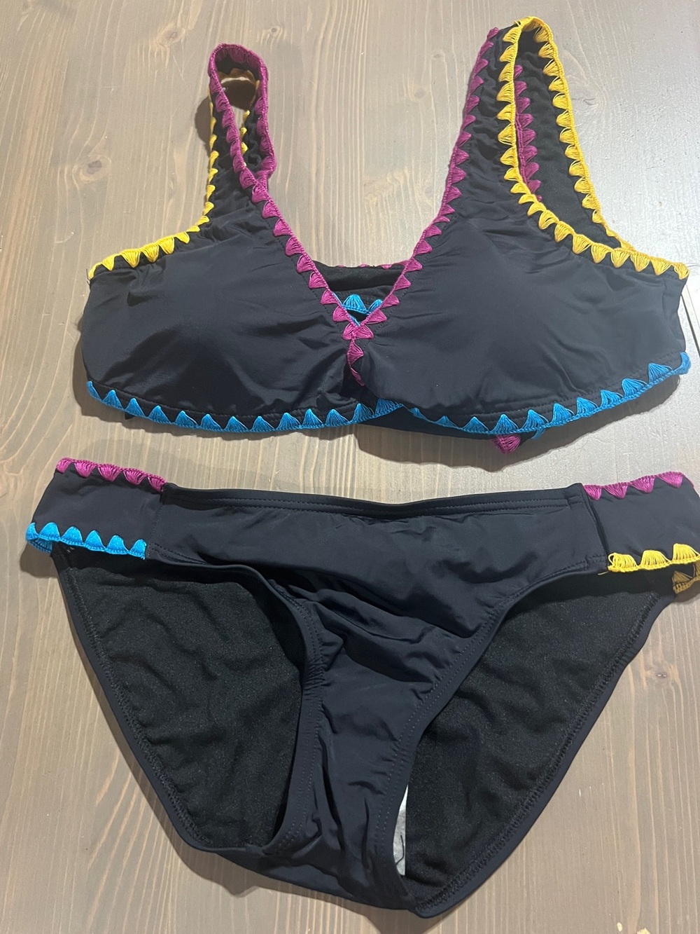 Lucky Brand Black Bikini with Pink, Yellow & Blue Crochet Trim